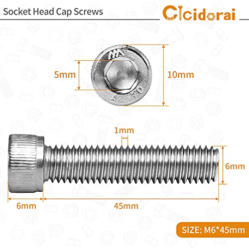 M6-1.0 x 45mm Socket Head Cap Screws Bolts, 304 Stainless Steel (A2-70), Allen Socket Drive, Bright Finish, Full Machine Threads, Quantity 25 - size: M6 x 45mm(25 PCS)