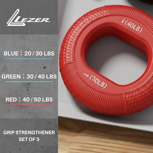 LEZER Hand Grip Strengthener, Finger Exerciser, Forearm Ring, Silicone Squeezer, Muscle Training, Fitness Workout, Physical Therapy, Set of 3, 20-60 LBS