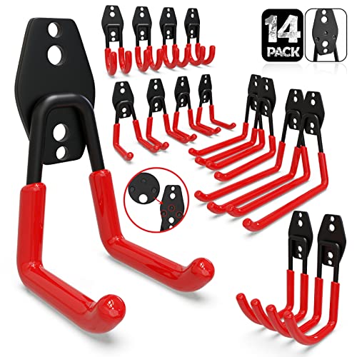 3-H Garage Wall Hooks 14 Pack,Garage Hooks Heavy Duty with Extra Welding Spots,Garage Hooks for Hanging,Garage Organizer for Garden,Lawn,Yard Tools,Chairs,Ladders,WeedEater,Shovel,Blower(Red) | Multi-Purpose Garage Hooks to Organize Garden Lawn Tools, Spo
