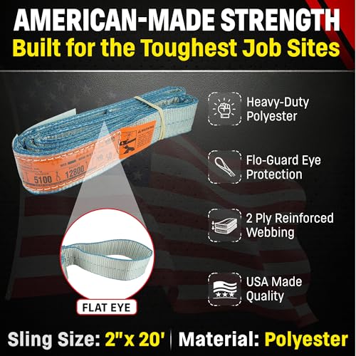 Chenango Supply Eye & Eye 2 Ply Rigging DD Slings | USA-Made, Heavy Duty, Marine Flo Guard Polyester, for Lifting & Material Handling (Multiple Sizes and Capacities) - size: 2" x 20'