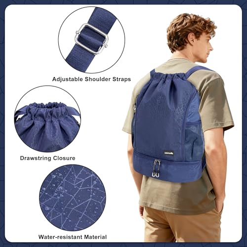 HOLYLUCK Drawstring Backpack with Shoe Compartment, Gym Bag Backpack for Men Women, Cinch Swim Beach Bag String Sports Bag for Soccer and Basketball, Blue - color: Blue