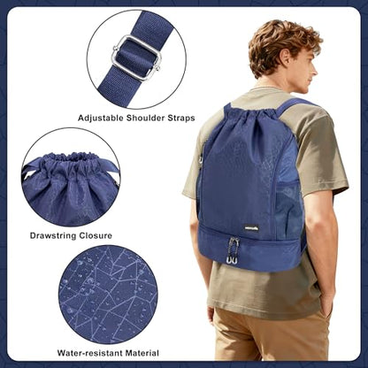 HOLYLUCK Drawstring Backpack with Shoe Compartment, Gym Bag Backpack for Men Women, Cinch Swim Beach Bag String Sports Bag for Soccer and Basketball, Blue - color: Blue