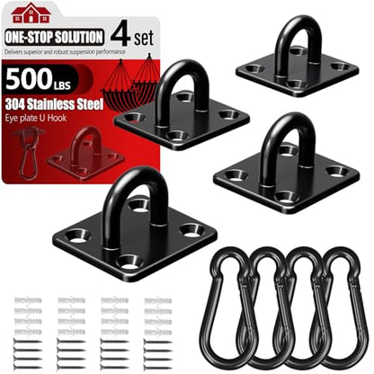 sprookber 304 Stainless Steel Pad Eye Snap Hooks, M5 Heavy Duty Ceiling Hooks, 500 lb Capacity Hammock Swing Hanging kit, Plant Hangers, Marine Hardware Staple Hook Loop with Screws, Set of 8(Black) - size: 2 Inch, style: Black Square