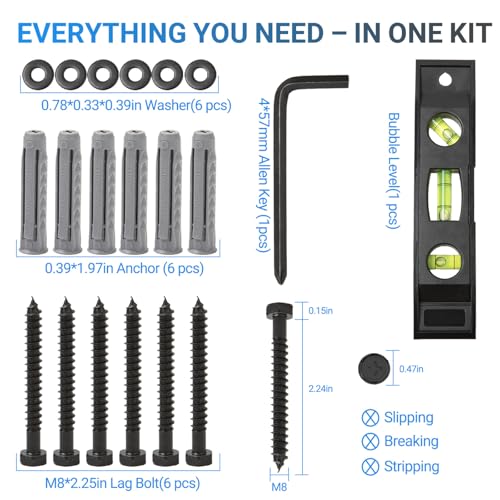 22PCS TV Wall Mount Hardware Kit, M8 Lag Bolt Kit with Anchors, Washers, Bubble Level, Allen Key & 2 Drill Bits, Heavy-Duty TV Mounting Screws for Wood Stud, Brick & Concrete - size: 22P