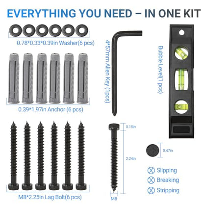 22PCS TV Wall Mount Hardware Kit, M8 Lag Bolt Kit with Anchors, Washers, Bubble Level, Allen Key & 2 Drill Bits, Heavy-Duty TV Mounting Screws for Wood Stud, Brick & Concrete - size: 22P