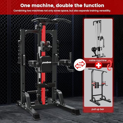 Pull Up Bar Power Tower Dip Station with Cable Machine, 450LB Home Gym | Pull up bar, dip station and 16-position cable system for pull ups, dips, lat pulldowns, rows and full-body training - color: Black-04