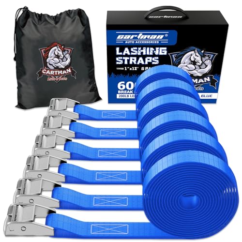 Cartman 1" x 12 ft Lashing Straps, 6 Pack, 600 lb Break Strength, Blue | Hook-free straps with a corrosion-resistant silver finish and a carry bag - color: Blue, size: 6 PK