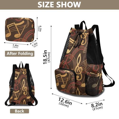 Drawstring Climbing Gym Bag With Water Bottle Pocket Mens Drawstring Bags with Wet Dry Compartments Music Red Brown