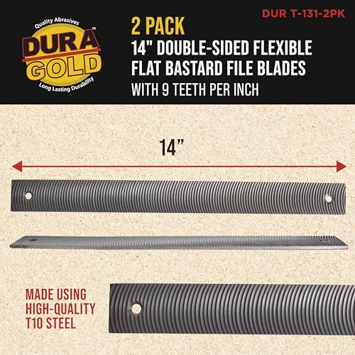 Dura-Gold 14" Flexible Flat Bastard File Blade, Double-Sided with 9 Teeth Per Inch, Pack of 2 - Mounting Holes for Adjustable Body File Holder, for Shaping, Smoothing and Filing Contoured Surfaces - style: Blades