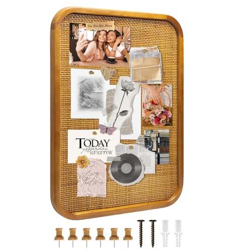 18" x 24" Bulletin Board, Round-Edged Rectangle Rattan Corkboard, Wooden Frame Boho Style Wall Organizer,4560Teng - size: 18*24 inch