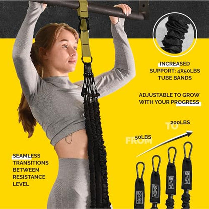Pull Up Assistance Bands Set with 4 Levels, Adjustable Strap and Foot Rest | 50–200 lb stackable pull-up assistance, nylon-sleeved bands, adjustable support, reduced snap-back risk - color: Military Green V1