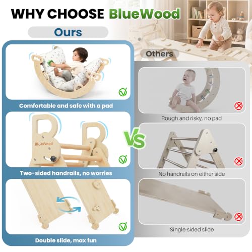 Pikler Triangle Set with Cushion, Wooden Climbing Toys for Toddler | Foldable 8-in-1 Montessori Philosophy Toddler Climbing Toys Indoor with Reversible Ramp, Arch and Ladder - Natural Wood - color: Natural Wood