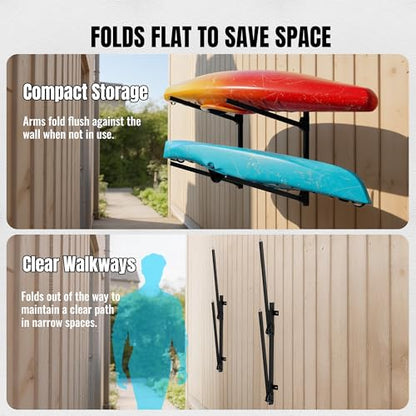 2-Tier Foldable Kayak Wall Mount Rack | Space-Saving Swing-Away Design - Heavy Duty Thickened Steel Storage Hanger for Kayaks, Canoes, 304 Stainless Steel Screw - size: Folding Wall Mount for 2 kayaks-H31.5"