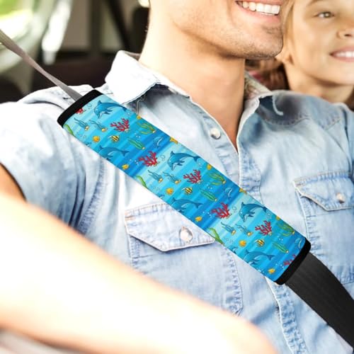 2 Pack Blue Dolphin Pattern Car Seat Straps Shoulder Pads Universal Fit Neck Strap Covers for Adults and Children, All Vehicles, Pressure Relief