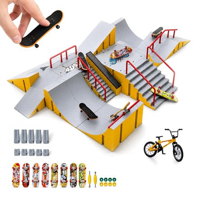 14-in-1 Fingerboard Skate Park Toy Set for Kids with 8 Skateboards and Bike | Modular fingerboard skatepark, Multiple layouts, Smooth-edge ABS ramps, Half pipe and rails, Fits most standard fingerboards - color: 14in1-yellow