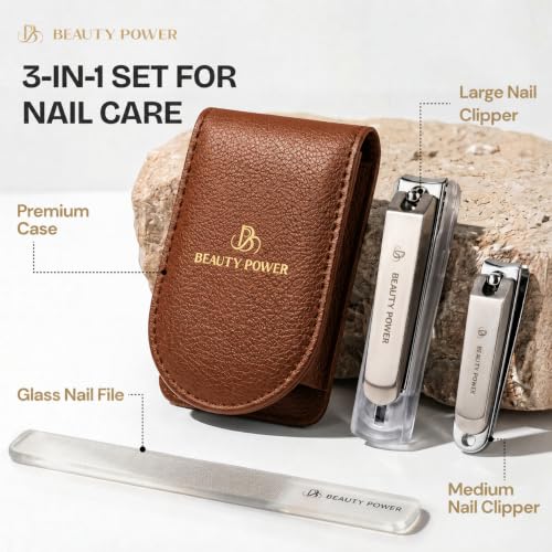 Beauty Power Nail Clippers Set 3 in 1 - Stainless Steel Toe Nail Clippers, Fingernail Clipper, Glass Nail File, Anti Splash, Ergonomic Grip in Brown PU Leather Travel Case for Men - Father's Day - color: Brown Case
