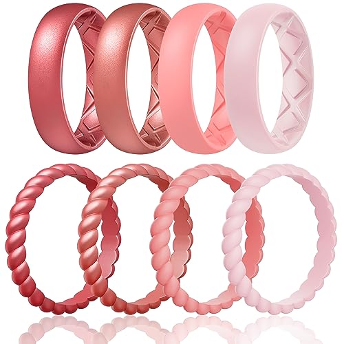 Egnaro Women's Stackable Silicone Rings, 2.5/5.5mm Wide 1.8/2mm Thick Bands | Comfort-Fit Rubber Bands Offer Breathable Flexibility for Nurses, Workouts, Pregnancy, Yoga, Travel, Office, and All-Day Wear - color: SETD3-Metallic Wine Red, Metallic Rose Red