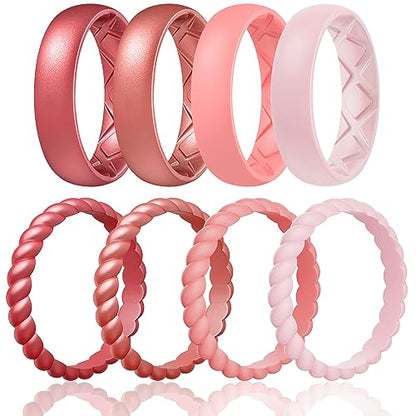Egnaro Women's Stackable Silicone Rings, 2.5/5.5mm Wide 1.8/2mm Thick Bands | Comfort-Fit Rubber Bands Offer Breathable Flexibility for Nurses, Workouts, Pregnancy, Yoga, Travel, Office, and All-Day Wear - color: SETD3-Metallic Wine Red, Metallic Rose Red