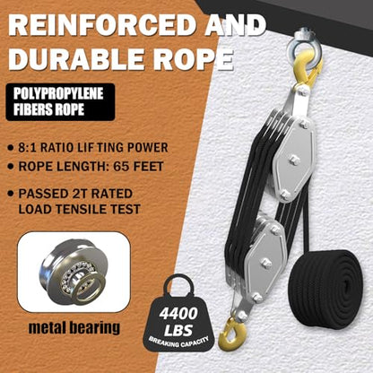 YATOINTO Rope Hoist Pulley System, 4400LB Pulley Block and Tackle, 8:1 Ratio Lifting Power 65ft, Heavy Duty Pulley Block for Hunting Lifting Heavy Objects Garage Warehouses Building - color: black, size: UPGRADED-4wheels