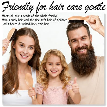 100% Boar Bristle Hair Brush for Thin Fine Hair, Shine & Frizz Control | Handmade Wooden Slick Back Brush Gently Smooth Polish Dry Damaged Hair for Women & Men, Minimize Flyaways, Reduce Breakage
