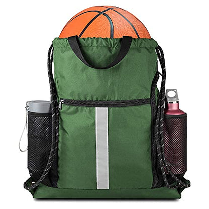 BeeGreen Green Drawstring Bag Gym Cinch Backpack w Shoe Compartment and Two Side Pockets Machine Washable Sports Sinch Sack String Sackpack for Swim Equipment Beach Travel - color: Green, style: Drawstring With Shoe Compartment