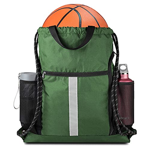 BeeGreen Green Drawstring Bag Gym Cinch Backpack w Shoe Compartment and Two Side Pockets Machine Washable Sports Sinch Sack String Sackpack for Swim Equipment Beach Travel - color: Green, style: Drawstring With Shoe Compartment