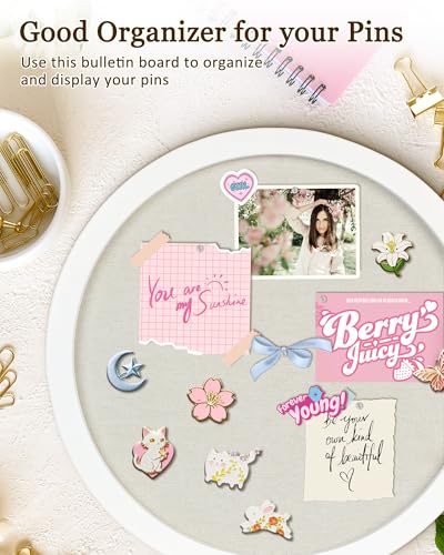 Small Round Bulletin Board with Linen, 13 inches Diameter Bulletin Board with White Wood Frame, Decorative Hanging Pin Board Vision Board Message Board for Office School Home Decor(3333,1p)