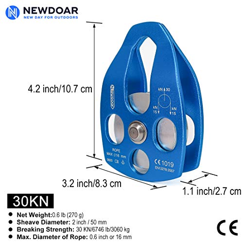NewDoar 30 KN CE Certified Large Rescue Pulley Single/Double Sheave with Swing Plate - color: Single Pulley - Blue 2pcs