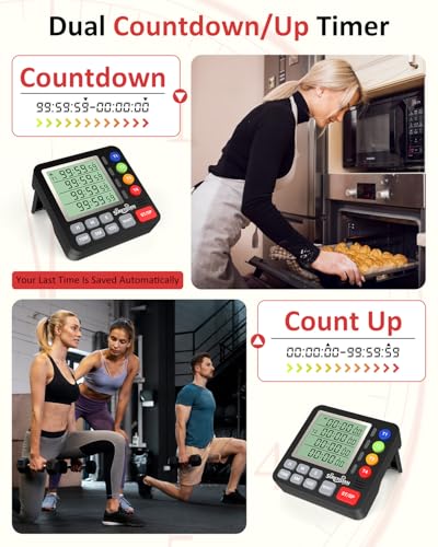 Digital Kitchen Timer with 4 Channel, Loud Alarm and Silent Mode | Magnetic Cooking Timer with Count Up & Countdown for Kids and Seniors, Large Display to Read, Auto Memory, Battery Included - color: Black