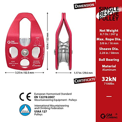 GM CLIMBING Large Rescue Pulley 32kN Single Sheave with Swing Plate CE UIAA Certified - color: Red | 1 Pack