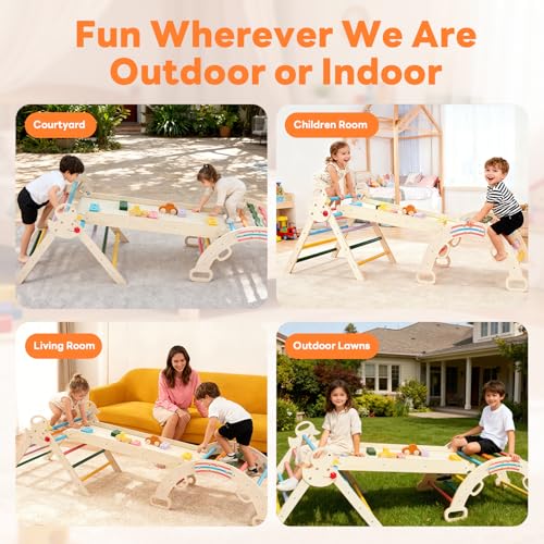 DUMOS Pikler Triangle Set, Toddler Climbing Toys and Play Structure Indoor, 9-in-1 Wooden Montessori Climbing Set with Arch, Ramp and Ladder, Foldable Baby Jungle Gym, Rainbow - color: Rainbow