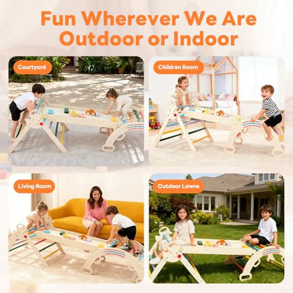 DUMOS Pikler Triangle Set, Toddler Climbing Toys and Play Structure Indoor, 9-in-1 Wooden Montessori Climbing Set with Arch, Ramp and Ladder, Foldable Baby Jungle Gym, Rainbow - color: Rainbow