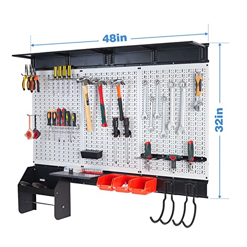 Ultrawall Peboard Storage Organizer, 48x36 inch Pegboard Wall Organizer, Metal Garage Peg Board with Toolboard, Utility Hooks, Overhead Shelf, 105pcs