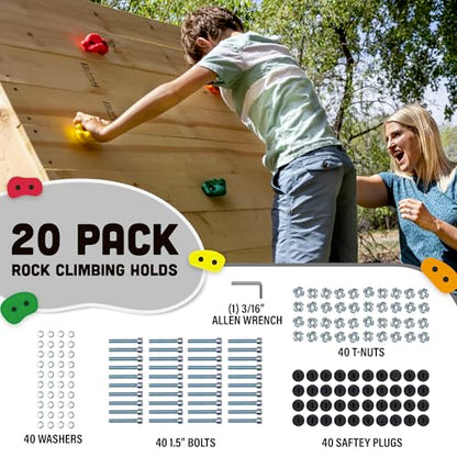 Squirrel Products Rock Climbing Holds for Kids, Deluxe Extra Large Climbing Rocks with Mounting Hardware - DIY Rock Wall Indoor & Outdoor Playground Accessories Wall Climbing Kit - Ages 3+ - style: 20 Pack with Patented Safety Plugs
