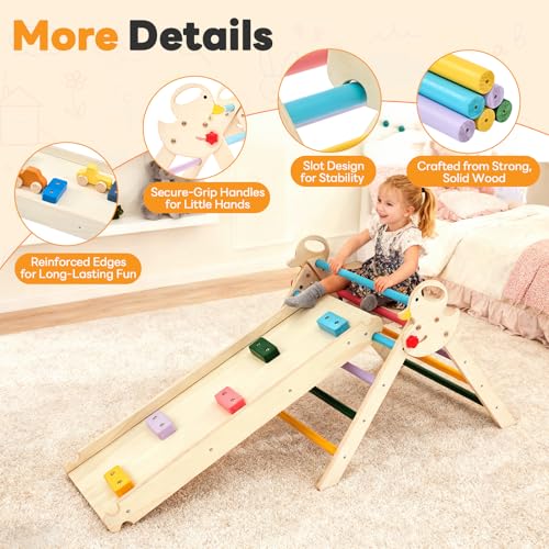 NEWBULIG Pikler Triangle Set for Toddlers, 9-in-1 Foldable Montessori Climbing Toys Indoor Playground with Arch & Ramp & Ladder, Wooden Montessori Climbing Set for Indoor Active Play, Rainbow