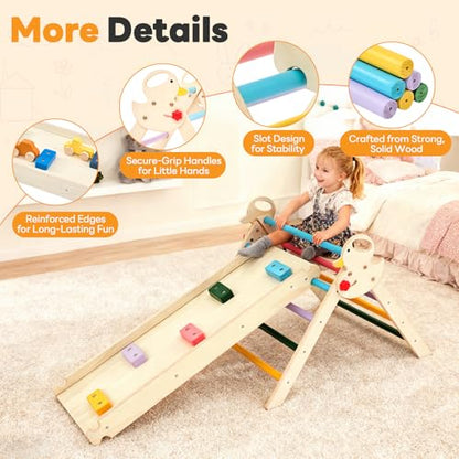 NEWBULIG Pikler Triangle Set for Toddlers, 9-in-1 Foldable Montessori Climbing Toys Indoor Playground with Arch & Ramp & Ladder, Wooden Montessori Climbing Set for Indoor Active Play, Rainbow