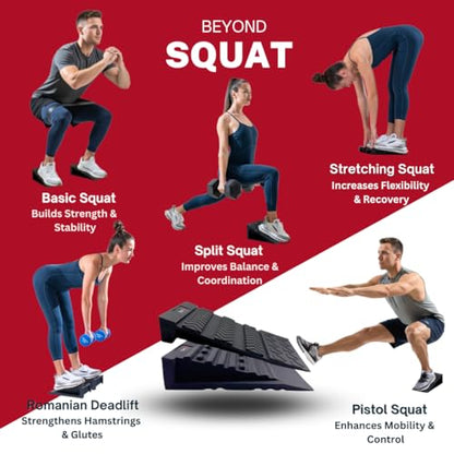 Squat Wedge Block - Non Slip Rubber - 3 Adjustable Angles - Men Shoe Size up to US11-4Pcs Set - Heel Elevated Squat - Calf Raises Ramp - Weight Lift & Stretch - 2 Bands & a Carry on Bag
