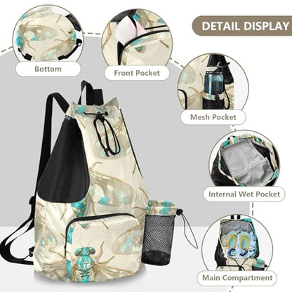 GuoChe Drawstring Backpacks Gym Swim Bag With Inside Pockets Pull String Bag Waterproof Blue Cicada - color: Blue Cicada