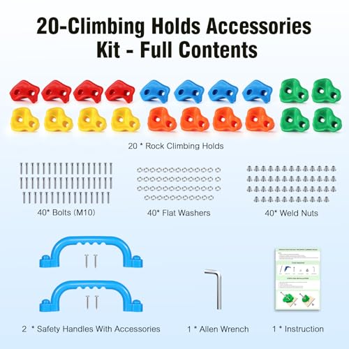 TOPNEW 20PCS Rock Climbing Holds with 2 Safety Handles, Non-Slip Kids Climbing Grips, Indoor Outdoor Climbing Wall Kit with Complete Mounting Hardware, Ideal Gift for Playground & Home - style: 20 PCS Holds+Safety Handles