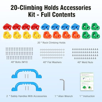 TOPNEW 20PCS Rock Climbing Holds with 2 Safety Handles, Non-Slip Kids Climbing Grips, Indoor Outdoor Climbing Wall Kit with Complete Mounting Hardware, Ideal Gift for Playground & Home - style: 20 PCS Holds+Safety Handles