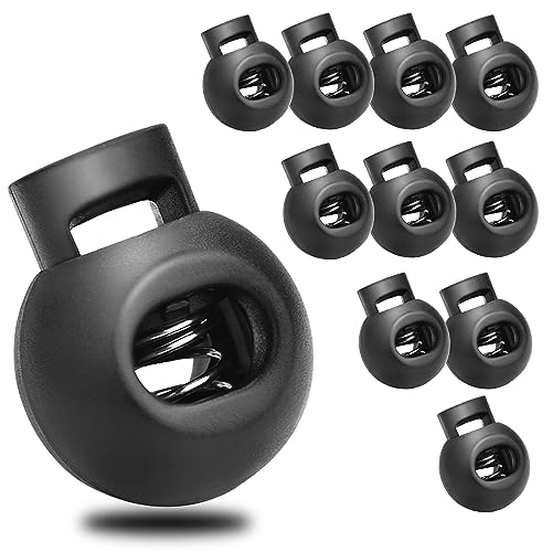 CooBigo 50Pack Single Hole Round Plastic Cord Locks, Spring Toggle Stopper for Drawstring Paracord Elastic Shoeslace Lock Glove Hats Sweatpant Hoodie Backpack String Clip Fastener Replacement - color: 50pcs Black