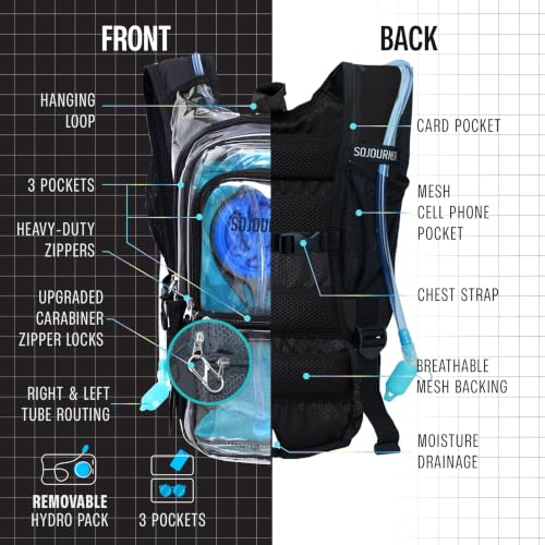 Sojourner Hydration Pack, Hydration Backpack - Water Backpack with 2l Hydration Bladder, Festival Essential - Rave Hydration Pack Hydropack Hydro for Hiking, Running, Biking, Festival Gear - color: Clear Transparent