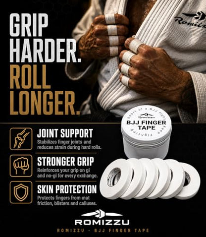 BJJ Finger Tape with Metal Storage Tin – 6 Rolls 26ft x 0.3in | Jiu Jitsu Grappling Tape | Strong Finger Support | Breathable Cotton | Residue-Free | MMA Wrestling Rock Climbing - color: White