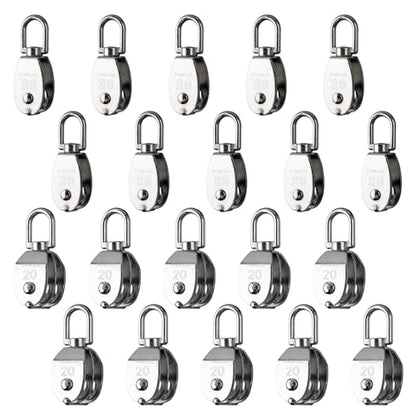 20 Pack M20 Pulley Block, 10 Pcs Single Pulley & 10 Pcs Double Pulley | 304 Stainless Steel Wire Rope Lifting Swivel Hook - style: 10 Pack Single & 10 Pack Double