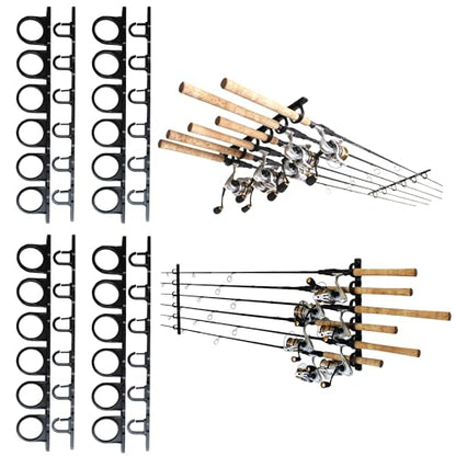 Rush Creek Creations Set of 4 Adaptable 6, 12, 18, or 24-Rod Horizontal Wall-Mount Fishing Pole Holders, Ceiling or Wall Fishing Rod Racks for Garage, Fits Most 0.12" to 0.75" Diameter Rods - size: Four Pack