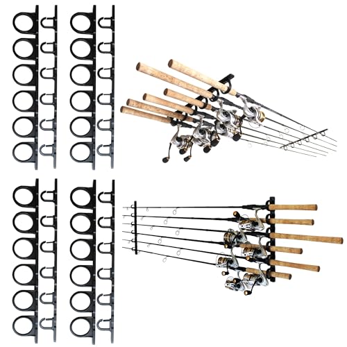 Rush Creek Creations Set of 4 Adaptable 6, 12, 18, or 24-Rod Horizontal Wall-Mount Fishing Pole Holders, Ceiling or Wall Fishing Rod Racks for Garage, Fits Most 0.12" to 0.75" Diameter Rods - size: Four Pack