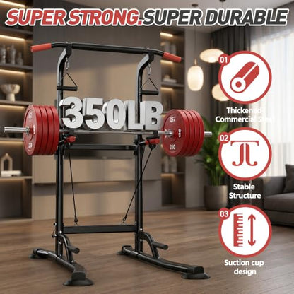Power Tower Pull Up Bar Station, 350LBS Heavy Duty Multi-Function Alloy Steel Stable Dip Station for Home Gym Strength Training, Adjustable Height Workout Equipment with Resistance Bands