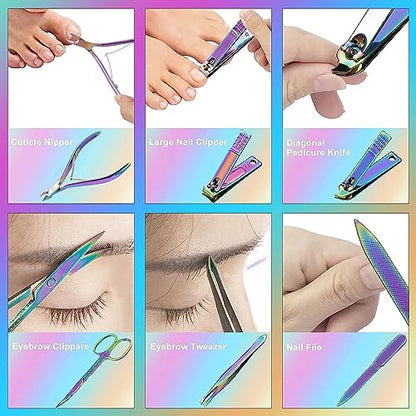 ANRUI Manicure Set Nail Clippers Pedicure Kit - 12pcs Stainless Steel Nail Kit, Colorful Professional Nail Care Kit Nail Files & Scissors Tools for Hands Foot Facial - Pink