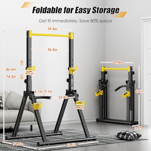 SogesPower Foldable Pull Up Bar Station,Triangular Power Tower Dip Stand | Adjustable Heights & Handles Pull Up Dip Station for Pull-ups, Dips, Knee Raises,Space-saving for Small Space - color: Yellow