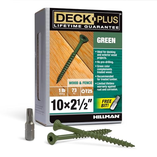 Deck Plus 2-1/2 Inch Epoxy Coated Exterior Wood and Fence Screws #10 x 2-1/2" Torx/Star Drive Included Coarse Thread, Outdoor Rust Resistant Decking Screw, Green, 1lb Box, 73 Pieces | 48401 - color: Green, size: #10 x 2-1/2", style: 73 pcs